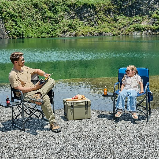 Camping Chairs Directors Chair with Side Table, Mesh Backrest Folding Lawn Chairs with Pocket, Foldable Camp Chair for Outdoor, Picnic, Sports and Fishing, Blue