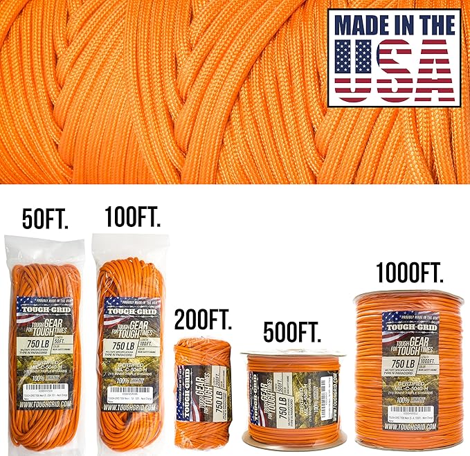 TOUGH-GRID Paracord Rope 750 lbs Nylon Parachute Cord, Made in USA Survival Kit, Outdoor Adventures, Camping, Tactical Gear & Emergency Supplies, Military Type IV Mil-Spec