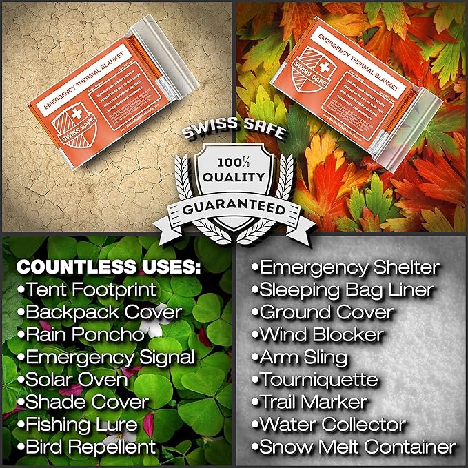 Swiss Safe 4 Pack Mylar Emergency Blankets for Survival - Compact & Insulated for Cold Weather - Designed for NASA, Outdoor, Running, Camping, Survival, First Aid Car Kit - Orange, 4 Pack