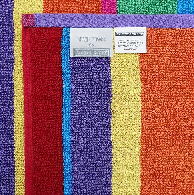 COTTON CRAFT Oversized Beach Towel - 2 Pack 35x70 XL Summer of Siam Towel Set - 100% Cotton Pool Bath Towel - Terry Jacquard Velour 450 GSM Plush Super Soft Absorbent Luxury - Multi Color Stripe
