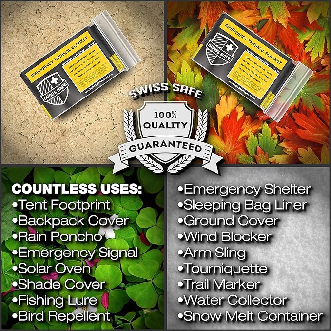 Swiss Safe 4 Pack Mylar Emergency Blankets for Survival - Compact & Insulated for Cold Weather - Designed for NASA, Outdoor, Running, Camping, Survival, First Aid Car Kit - Black & Gold, 4 Pack