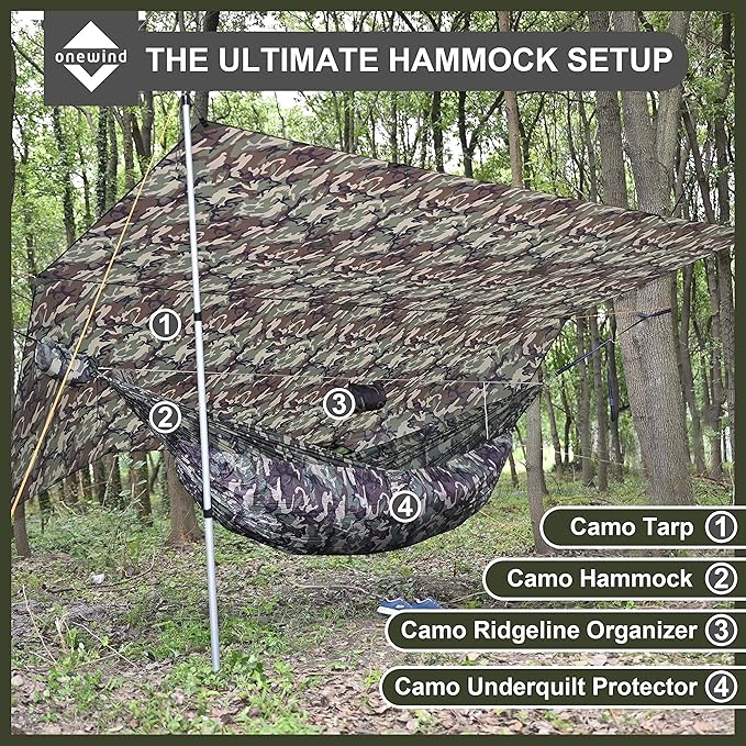 Onewind 12×10 ft Camo Camping Tarp, Billow Tarp Shelter Lightweight Waterproof Hammock Rainfly for Stealth Camping Army Military Bushcraft, Easy to Setup with Tent Pegs and Guyline, Camouflage