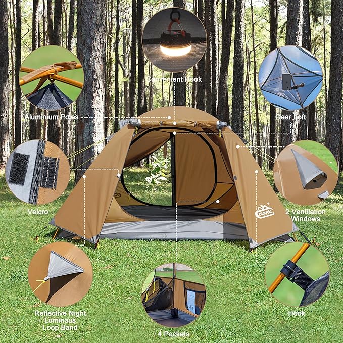 2-3 Person Backpacking Tent with Double Door 2 Vestibule, Waterproof Windproof Lightweight Easy Set Up 3 Season 2 Man Two Person Tent for Camping, Hiking, Motorcycle, Mountaineering with UPF 50+
