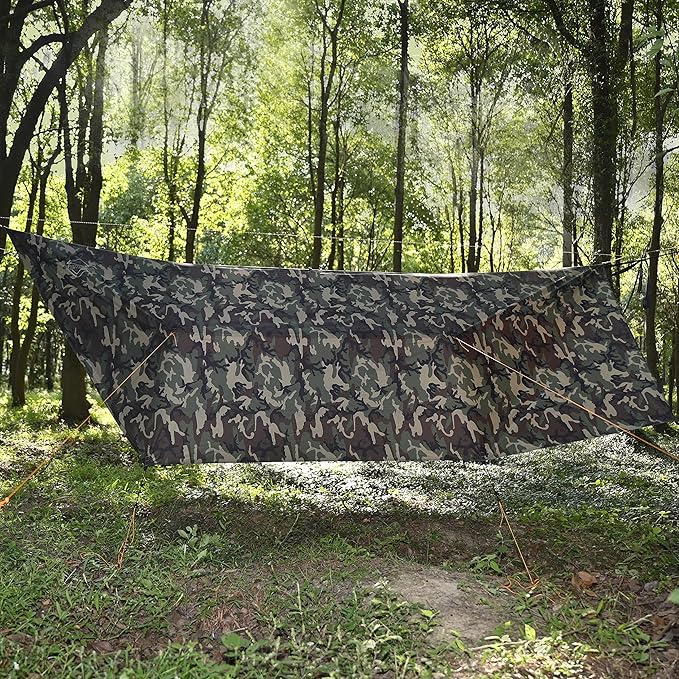 Onewind 12×10 ft Camo Camping Tarp, Billow Tarp Shelter Lightweight Waterproof Hammock Rainfly for Stealth Camping Army Military Bushcraft, Easy to Setup with Tent Pegs and Guyline, Camouflage