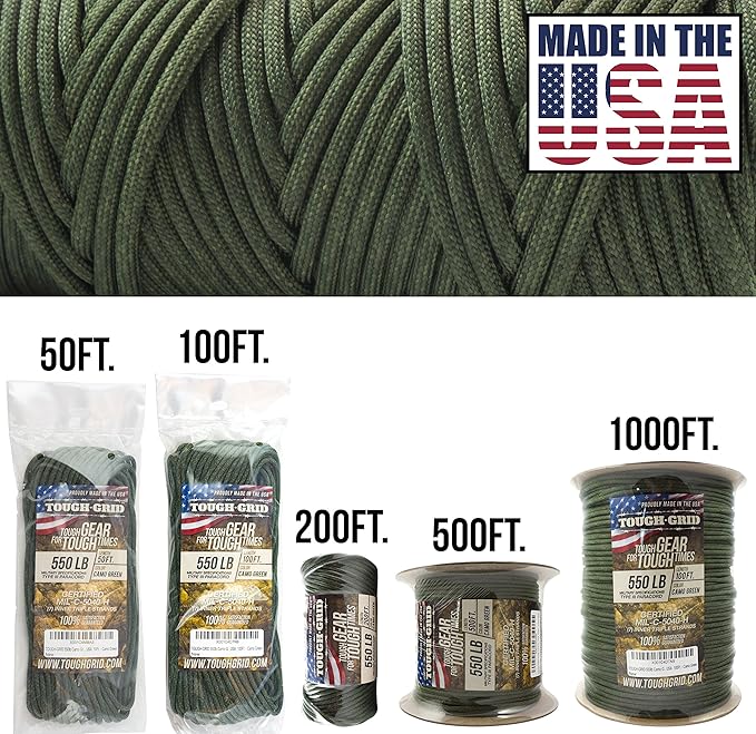 TOUGH-GRID 550 Paracord Rope Nylon Parachute Cord, Made in USA Survival Kit, Outdoor Adventures, Camping, Tactical Gear & Emergency Supplies, Military Type III Mil-Spec